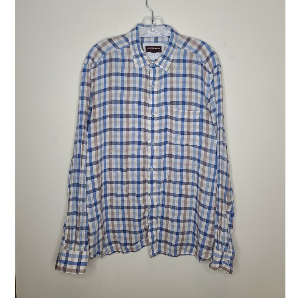 Johnston & Murphy Linen blue white plaid long sleeve button down shirt - LARGE